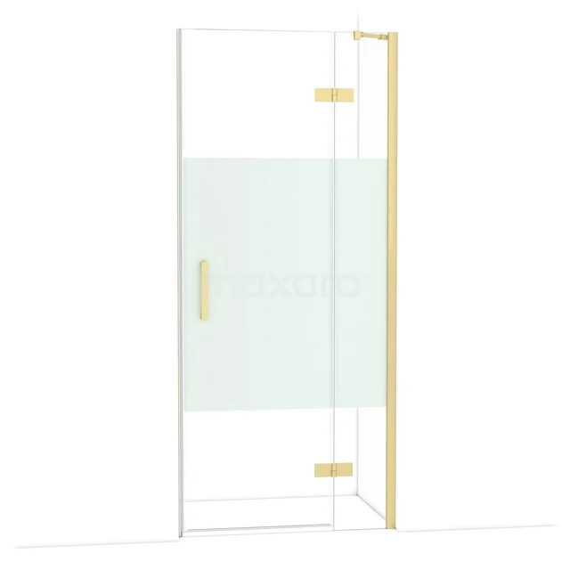 Diamond Douchedeur | 90 cm Lichtgoud Helder met matte strook Draaideur DDB22361213LG Glazen douchedeur met mat gouden scharnieren en handgreep, inclusief melkglas strip voor privacy, ideaal voor moderne badkamers.