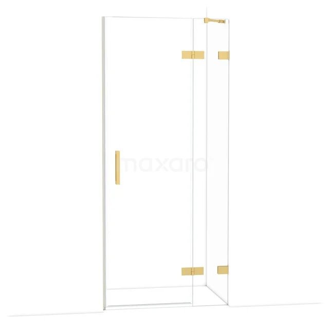 Glazen douchedeur met goudkleurige scharnieren en handgreep, strak design, ideaal voor moderne badkamerinrichtingen.