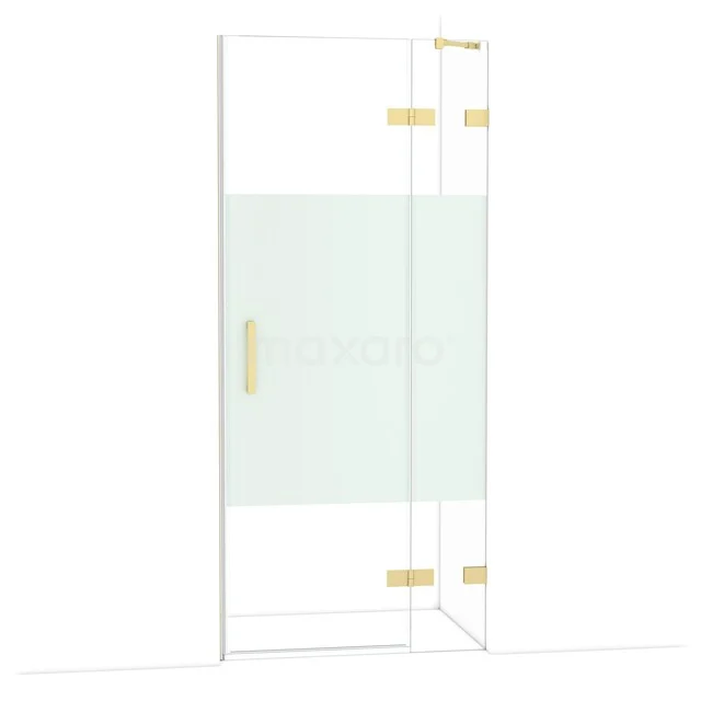 Duschtür Glas mit matt weißer Streifen, goldenen Scharnieren und Haltegriff; luxuriöses Badezimmerdesign und minimalistisches Erscheinungsbild.