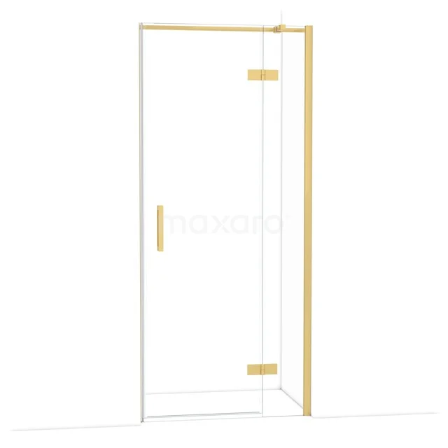 Gouden douchedeur met helder glas en minimalistisch design, perfect als stijlvolle toevoeging aan een moderne badkamer.