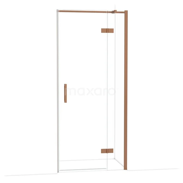 Glazen douchedeur met koperkleurige scharnieren en handgreep, ideaal voor moderne badkamers.