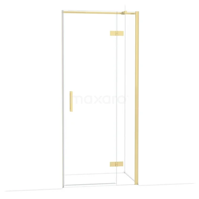 Glazen douchedeur met goudkleurig frame en scharnieren, geschikt voor moderne badkamers, elegant en strak design.