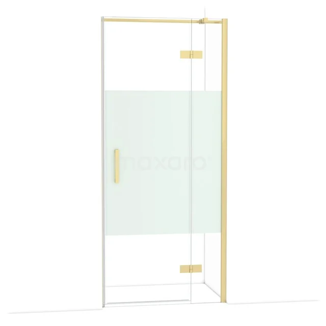 Glazen douchedeur met goudkleurig frame en matglaspaneel, ideaal als stijlvolle toevoeging aan elke moderne badkamer.