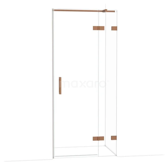Transparent shower door with corner setup, rose gold hinges, modern design, ideal for a luxury bathroom.