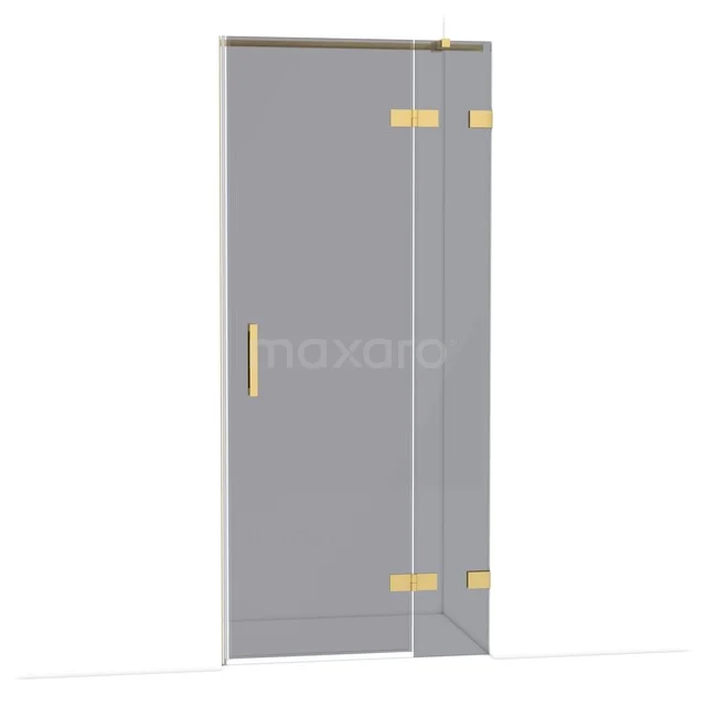 Glazen douchedeur met goudkleurige scharnieren, strak design, perfect als stijlvolle toevoeging aan een moderne badkamer.