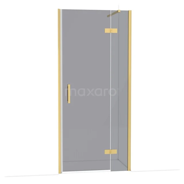 Glasene Duschtür mit goldenen Scharnieren und Haltegriff, schlankes Design für modernen Badezimmerstil.