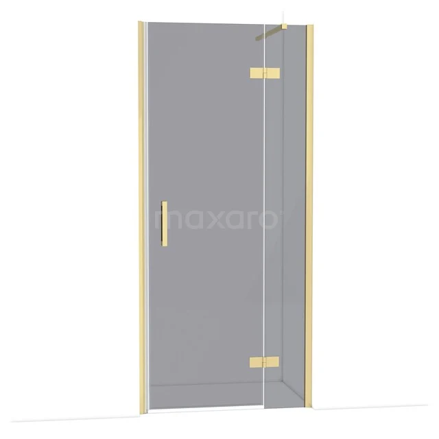 Glass shower door with gold-coloured hinges and handle, made of clear glass and modern design, perfect for any bathroom.