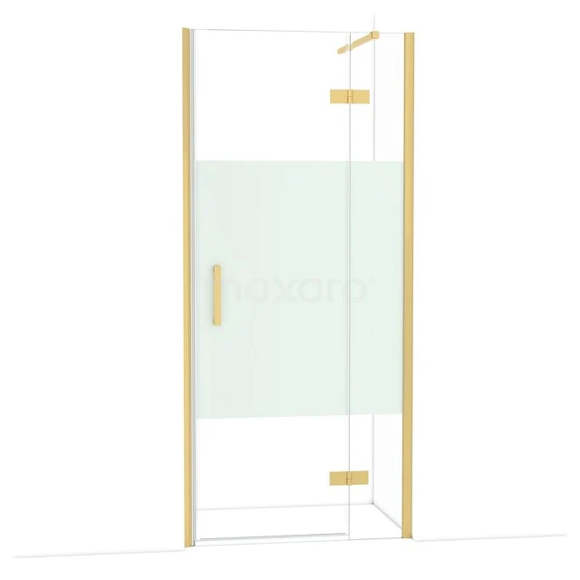 Diamond Shower door | 90 cm Gold Clear with matt strip Pivot door DDB22362113GG Glazen douchedeur met goudkleurige accenten, mat middenpaneel, modern design voor elegante badkamerinrichting.