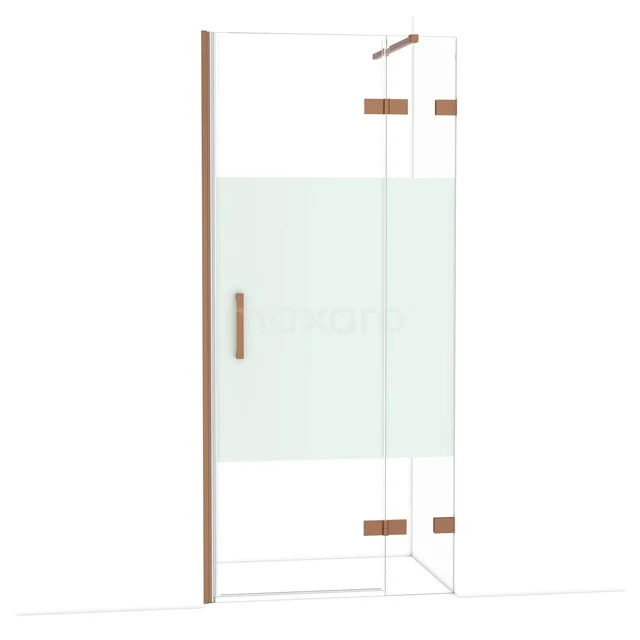 Glass shower door with frosted white panel, wooden accents and hinges, stylish design for a modern bathroom.