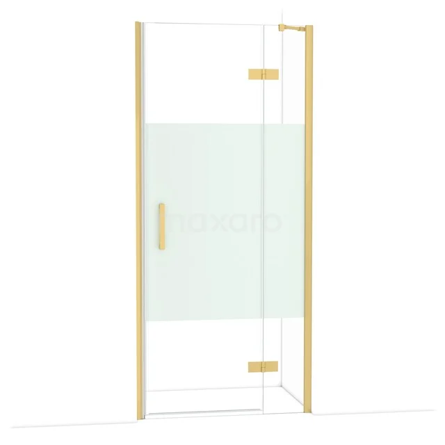Glas Duschtür mit mattem Goldrahmen und teilweise mattem Glas, ideal für ein luxuriöses Badezimmerinterieur.