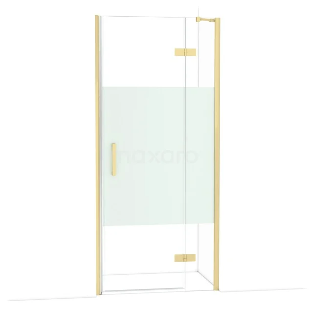 Duschtür mit goldenem Profil, teilweise Mattglas, straffes Design. Stilvolle Ergänzung zu modernen Badezimmerinterieurs.