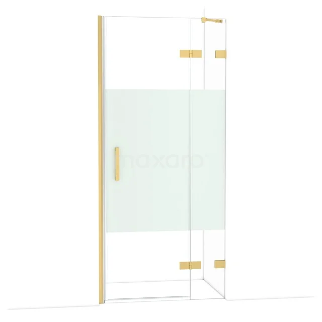 Goldene Duschtür mit Glasplatten, mattem Mittelstück und Scharnieren, perfekt für einen luxuriösen Badezimmerstil.