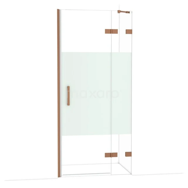 Glazen douchedeur met mat glas, houten accenten en messing scharnieren, ideaal voor een stijlvolle moderne badkamer.