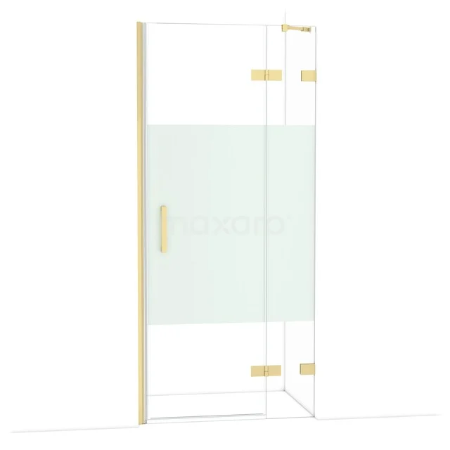 Diamond Douchedeur | 90 cm Lichtgoud Helder met matte strook Draaideur DDB22362223LG Douchedeur helder glas met messing accenten, minimalistisch ontwerp, perfect voor een stijlvolle en moderne badkamer.