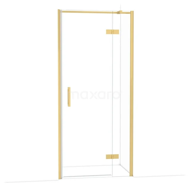 Glasdouchedeur mit goldfarbenem Metallrahmen und Scharnieren, ideal als moderne Ergänzung zum Badezimmer.