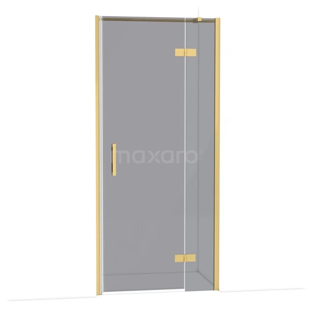 Glazen douchedeur met goudkleurige omlijsting, strak design, ideaal voor moderne badkamers.