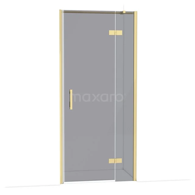 Glazen douchedeur met messing scharnieren en handgreep, strak design voor moderne badkamer inrichting.