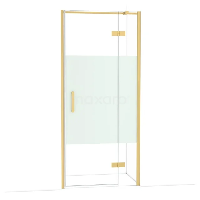 Glass shower door with gold-coloured frame, partly frosted glass, ideal for a luxury bathroom.