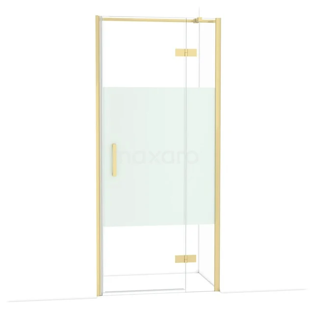 Diamond Shower door | 90 cm Light gold Clear with matt strip Pivot door DDB22362313LG Douchedeur met mat glas, gouden profiel en scharnieren, modern ontwerp, ideaal als luxe toevoeging in de badkamer.