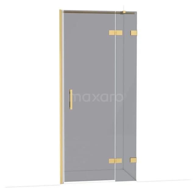 GlasduschTür mit goldfarbenen Scharnieren und Haltegriff, minimalistisch und perfekt für einen modernen Badezimmerstil.