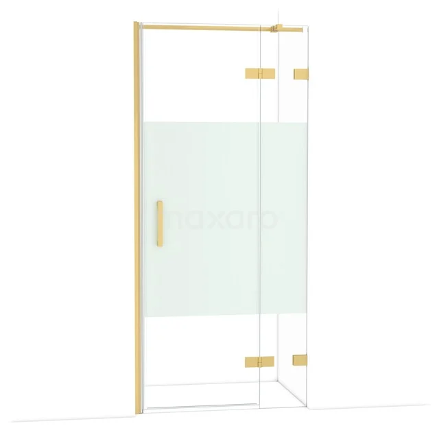 Diamond Douchedeur | 90 cm Goud Helder met matte strook Draaideur DDB22362323GG Glazen douchedeur met mat gouden frame, deels mat glas en helder glas, moderne uitstraling voor luxe badkamerinterieurs.