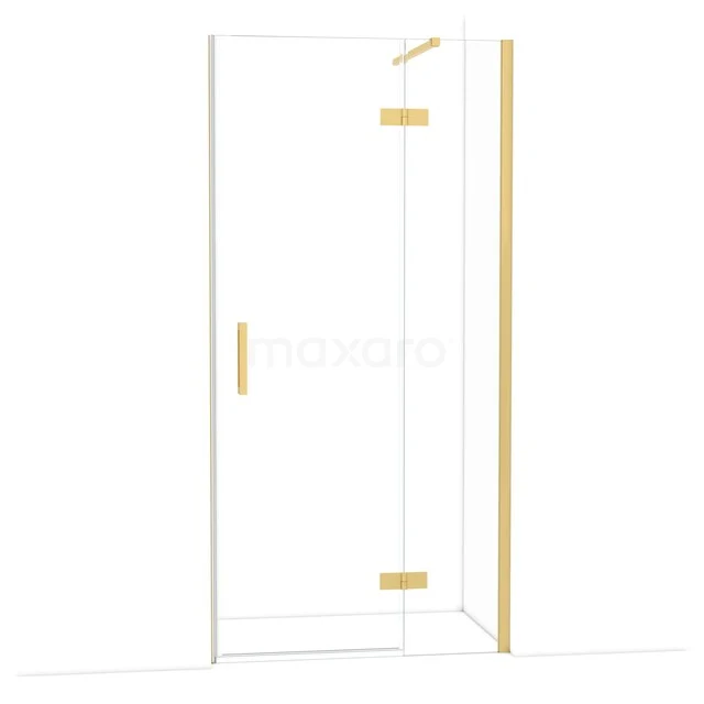 Glazen douchedeur met goudkleurige scharnieren en handgreep, eigentijds design voor een luxe badkamerstijl.