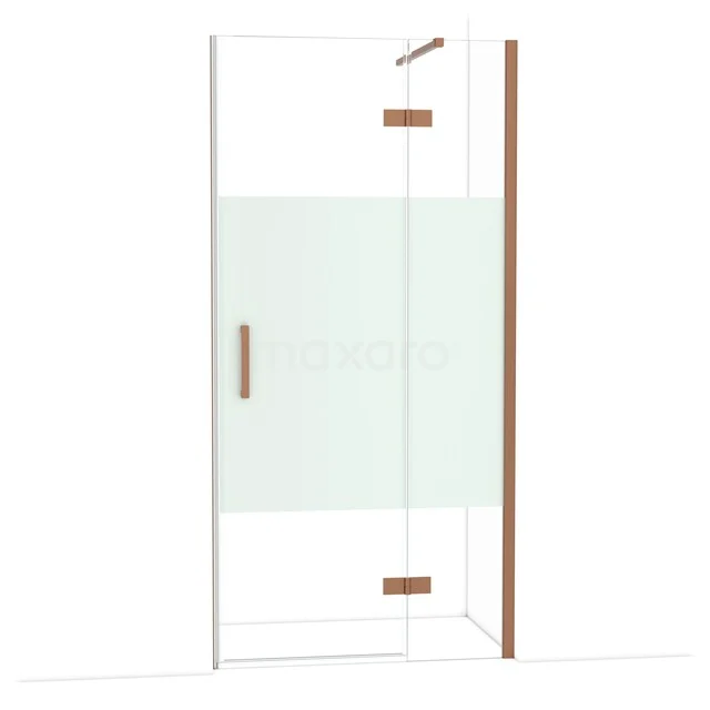 Glasene Duschtür mit mattem transparentem Paneel und Holzakzenten, ideal für eine stilvolle Badezimmergestaltung.