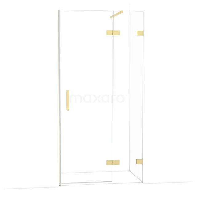 Glasene Duschtür mit goldfarbenen Scharnieren, minimalistisches Design, perfekte Ergänzung für ein modernes Badezimmer.