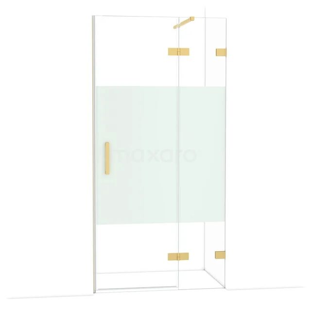 Glazen douchewand met mat wit middenpaneel en gouden scharnieren voor een stijlvolle badkamer inrichting.
