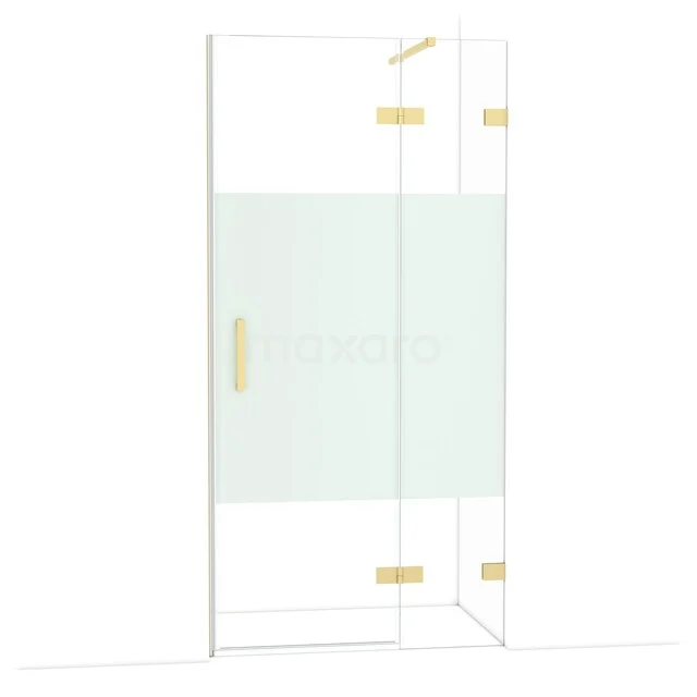 Glazen douchecabine met mat witte strook en gouden scharnieren, stijlvol design voor moderne badkamers.