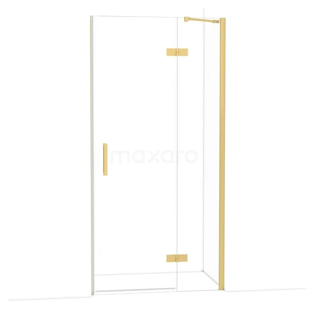 Glass shower door with gold accents, corner design, ideal for a luxury bathroom style.