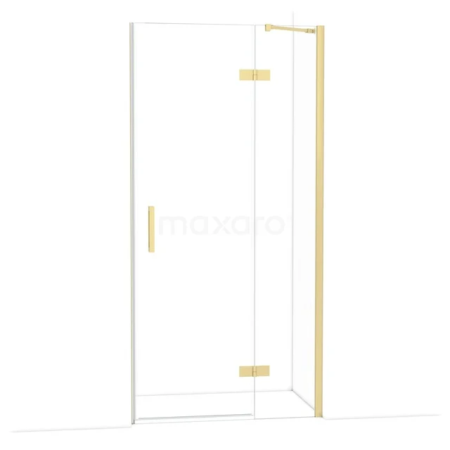 Douchedeur met goudkleurige accenten, modern design en hoekig glas, perfecte toevoeging aan een stijlvolle badkamer.
