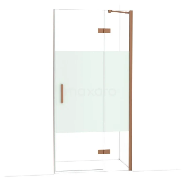 Glasene Duschtür mit matt weißer Folie, kupferfarbigen Scharnieren und Haltegriff, perfekt für einen modernen Badezimmerstil.