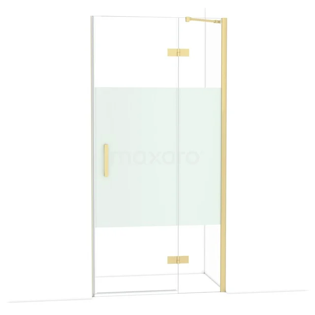 Glazen douchedeur met goudkleurige scharnieren en handgreep, moderne stijl, perfect voor een luxe badkameruitstraling.