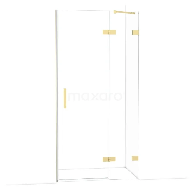 Glas Duschwand mit Gold Scharnieren und Haltegriff, modernes Design, ideal für eine stilvolle Badezimmer Einrichtung.