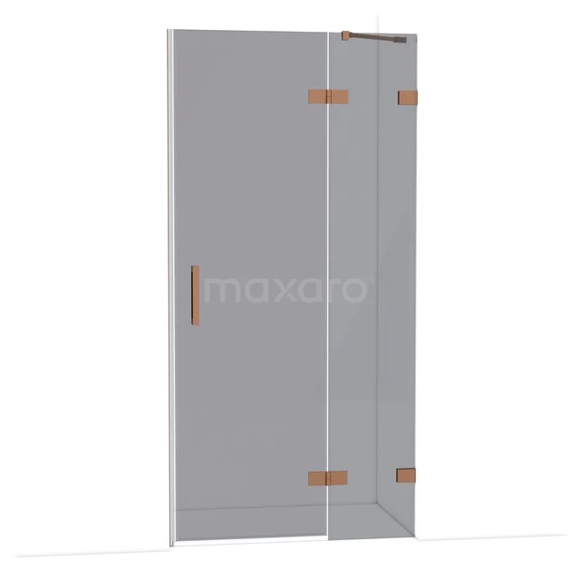 Glasene Duschtür mit Eckdesign, silbernem Rahmen und Kupferakzenten, ideal für eine moderne Badezimmergestaltung.