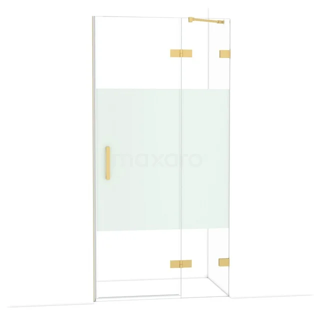 Douchedeur glas, messing scharnieren, mat wit paneel, minimalistisch ontwerp, perfecte aanwinst voor een moderne badkamer.