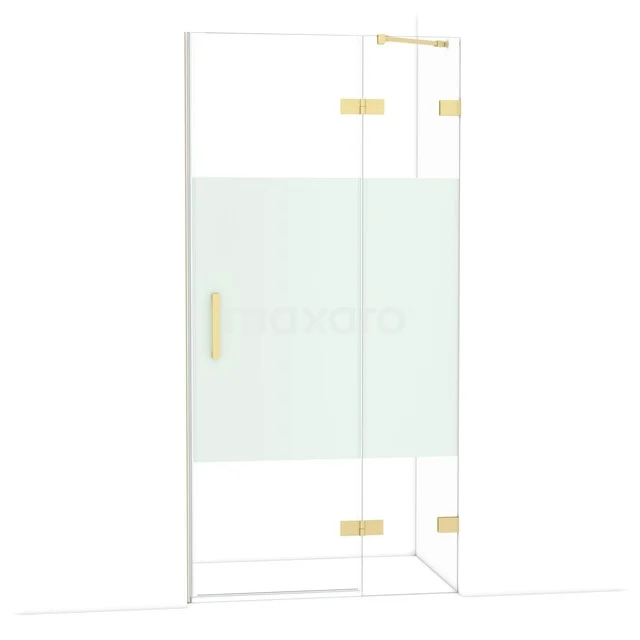Glazen douchewand met gouden accenten en mat tussenpaneel, ideaal voor een stijlvolle en moderne badkamer inrichting.