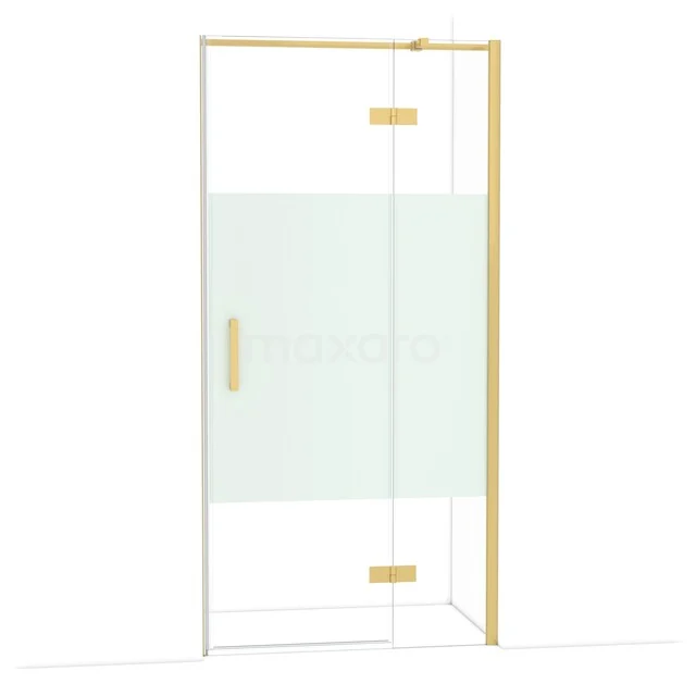 Glazen douchewand met gouden profielen, doorzichtig glas en matte strook, luxe design voor eigentijdse badkamers.