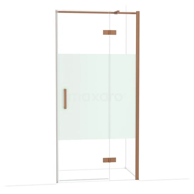 Diamond Shower door | 100 cm Copper Clear with matt strip Pivot door DDB22461313KP Glazen douchedeur met mat gedeelte, gouden handgreep en scharnieren, ideaal voor een moderne badkamerstijl.