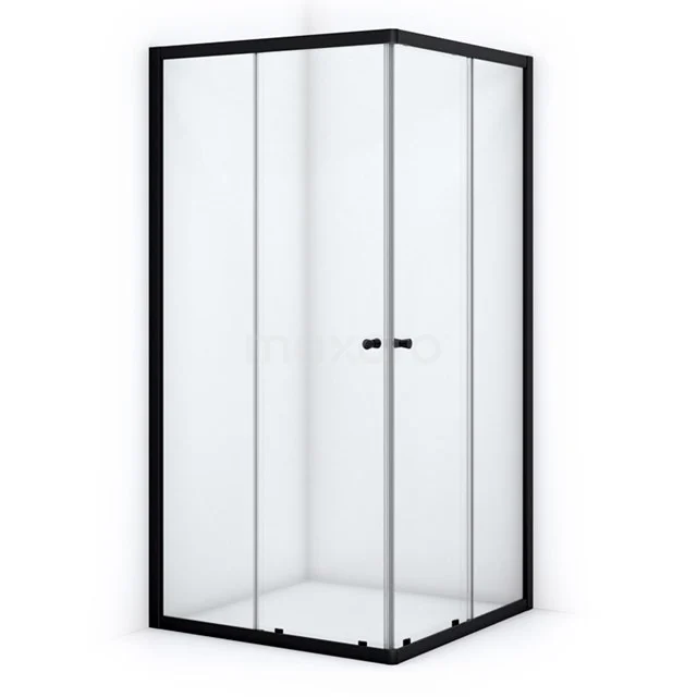 Black corner shower cabin with clear glass and minimalist design, ideal for a modern bathroom style.