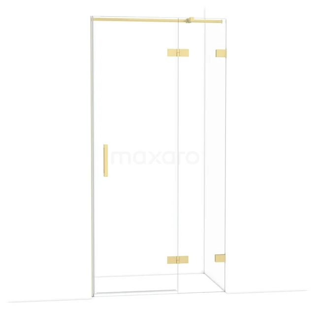 Douchecabine met helder glas, gouden scharnieren en handgreep, strak design. Perfect voor luxe badkamerinterieurs.