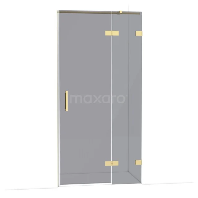 Duschtür mit eckiger Form, Klarglas und goldfarbenen Scharnieren, ideal für eine moderne Badezimmer Einrichtung.