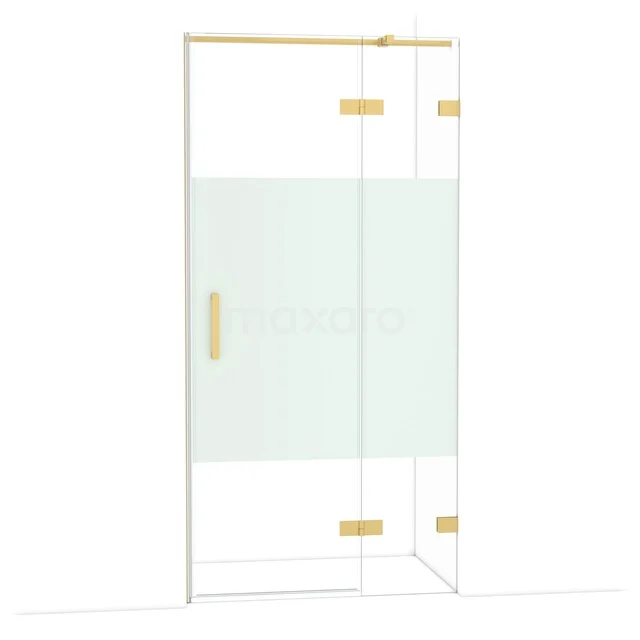 Glas Duschwand mit goldfarbenen Akzenten, mattem Paneel und Drehtür. Elegantes Design für ein luxuriöses Badezimmer.