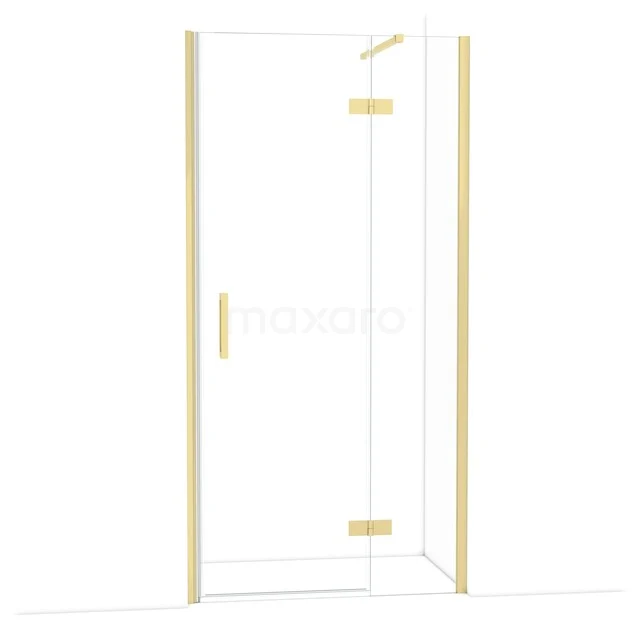 Glass shower door with gold-coloured hinges and handle, modern design, ideal for a luxury bathroom.