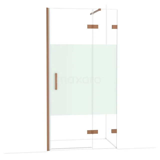 Glass shower door with copper-coloured accents, frosted glass details and ergonomic handle, ideal for a modern bathroom.