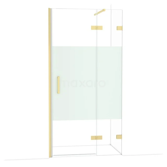 Golden shower cabin with clear glass and matte strip, luxury design for a modern bathroom.