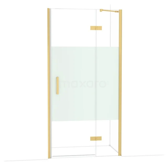 Goldene Duschtür mit Klarglas und mattem Teil, luxuriöses Detail für ein stilvolles Badezimmer.
