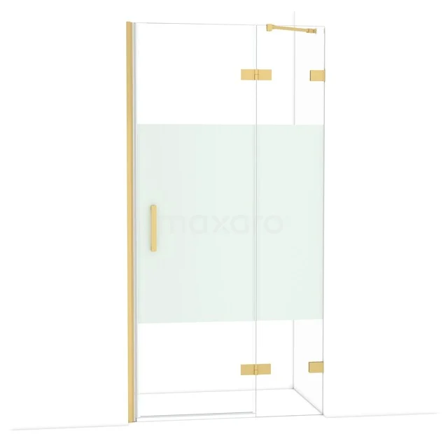 Glazen douchewand met goudkleurige accenten, mat middenpaneel en hoekdesign, ideaal voor een moderne badkamer.