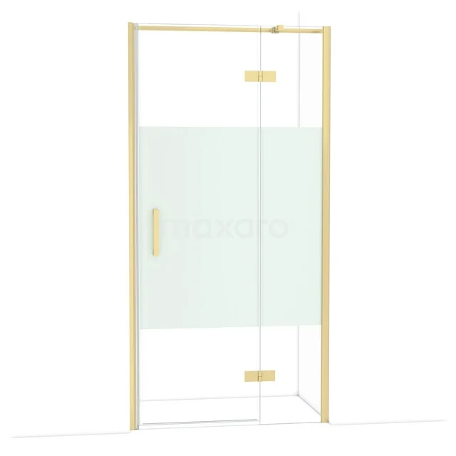 Gouden douchedeur met matglas en transparante panelen, moderne afwerking voor een stijlvolle badkamer.